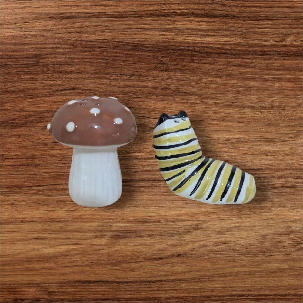 Mushroom & Caterpillar Ceramic Salt & Pepper Shakers Set - Quirky Table Decor Ne